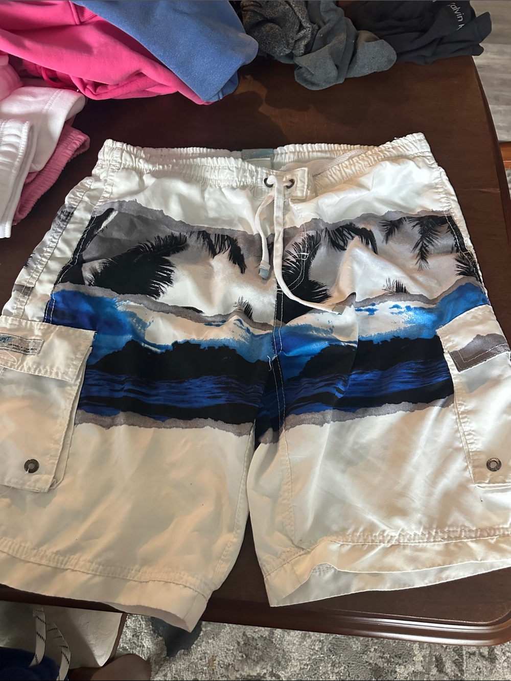 White Men's Board Shorts with Blue Coastal Print